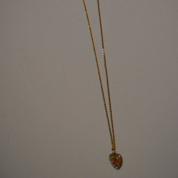 Necklace Golden Rolo Chain Link & Pendant Heart Shape Flower in Glass Vintage - Picture 2 of 7
